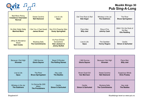 Pub Sing-a-Long Musikk Bingo 30 bingobrett