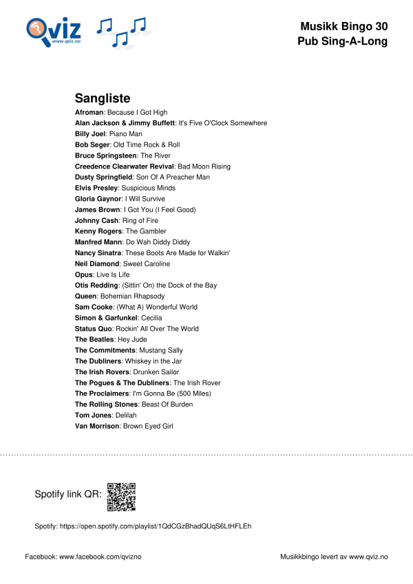 Pub Sing-a-Long Musikk Bingo 30 sangliste