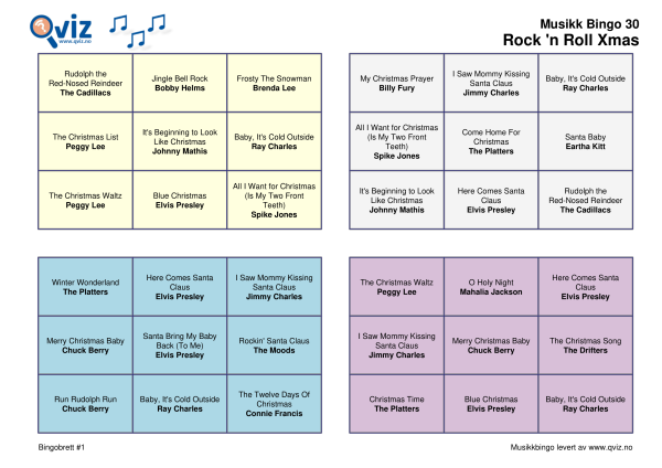Rock 'n Roll Xmas Musikk Bingo 30 bingobrett
