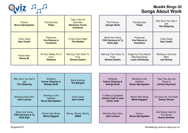 Songs About Work Musikk Bingo 30 bingobrett