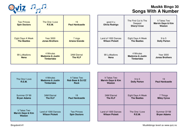 Songs With a Number Musikk Bingo 30 bingobrett
