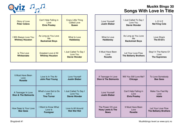 Songs With Love in Title Musikk Bingo 30 bingobrett