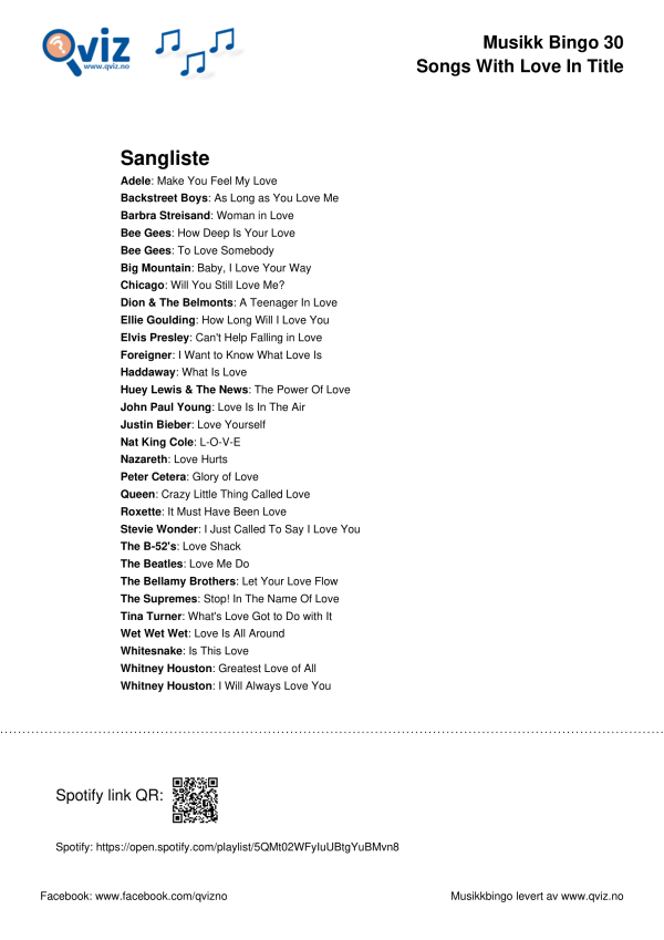 Songs With Love in Title Musikk Bingo 30 sangliste