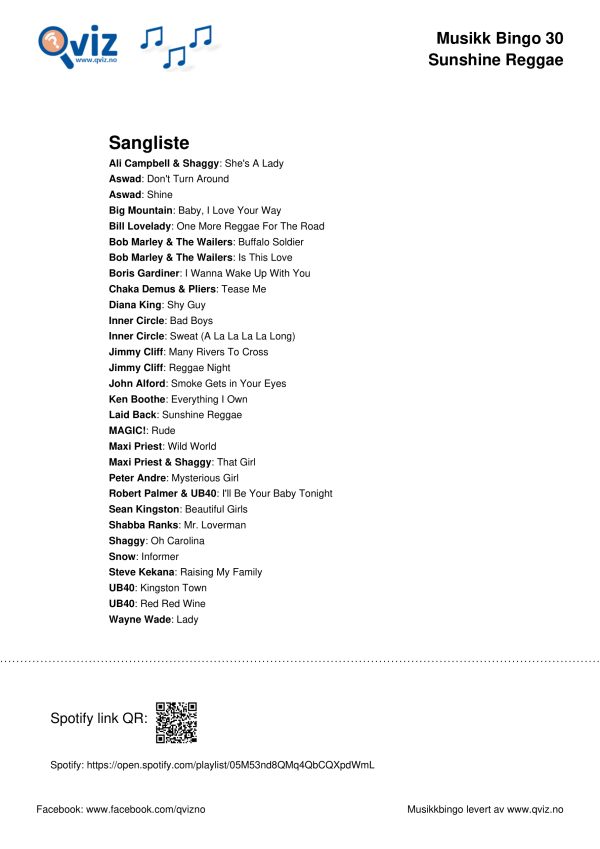 Sunshine Reggae Musikk Bingo 30 sangliste