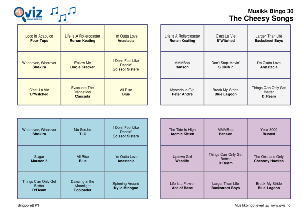 The Cheesy Songs Musikk Bingo 30 bingobrett