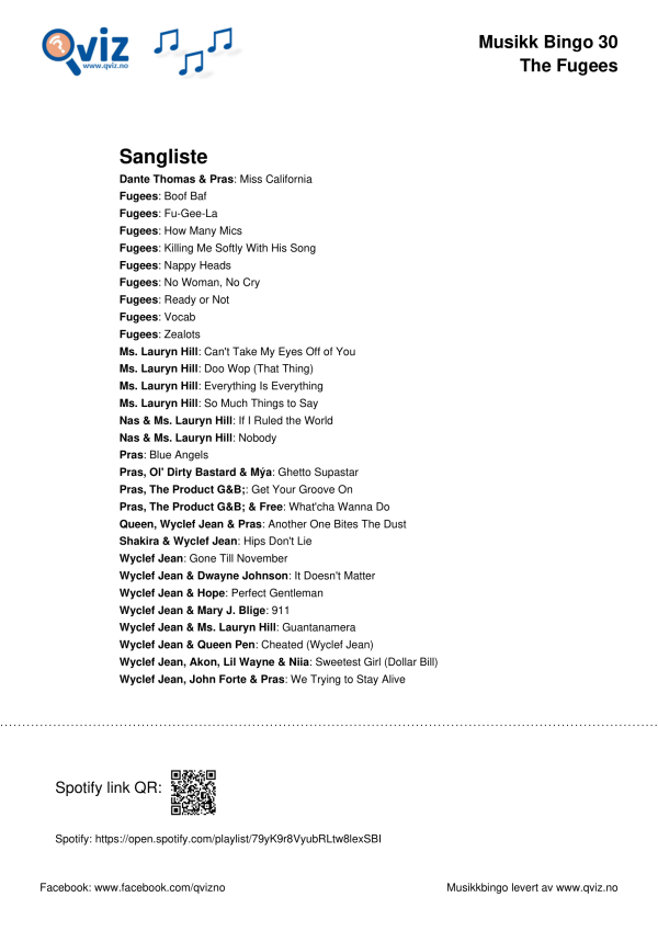 The Fugees Musikk Bingo 30 sangliste