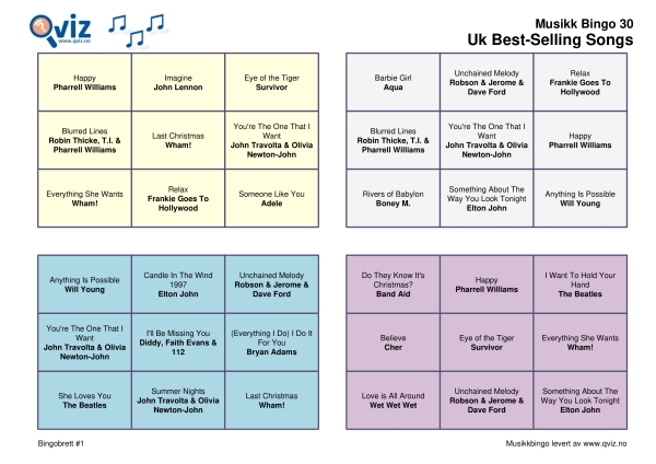 UK Best Selling Songs of all Time Musikk Bingo 30 bingobrett