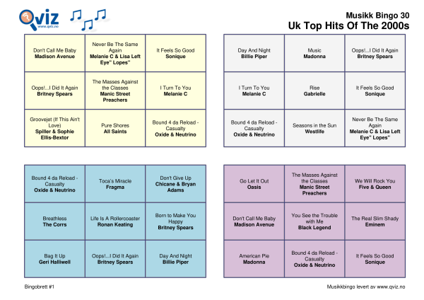 UK Top Hits of the 2000s Musikk Bingo 30 bingobrett