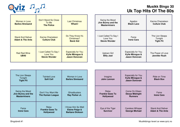 UK Top Hits of the 80s Musikk Bingo 30 bingobrett