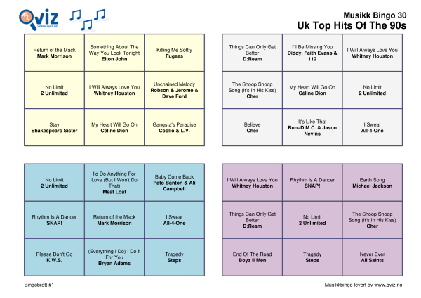 UK Top Hits of the 90s Musikk Bingo 30 bingobrett