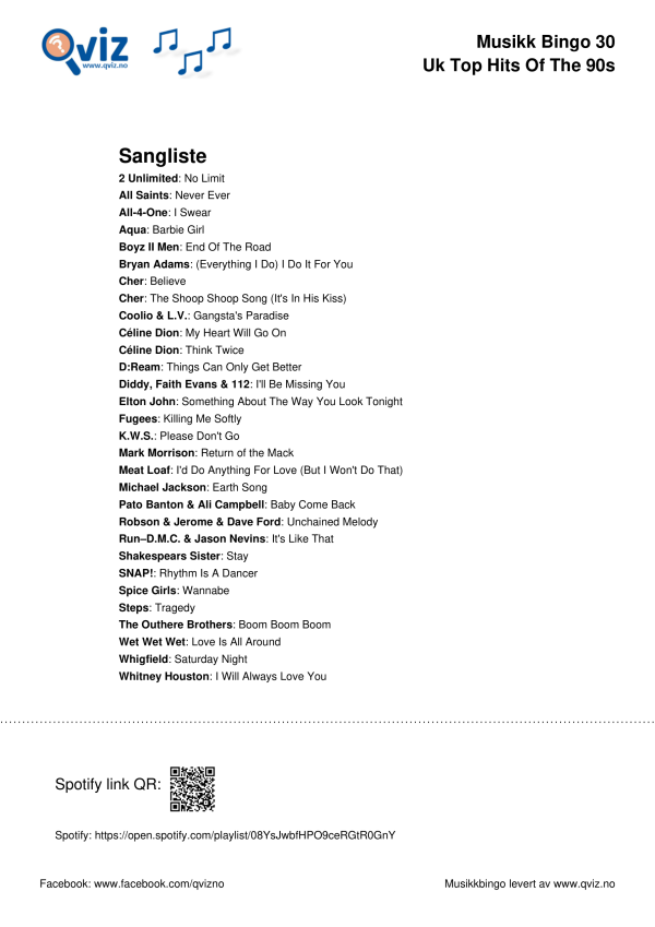 UK Top Hits of the 90s Musikk Bingo 30 sangliste