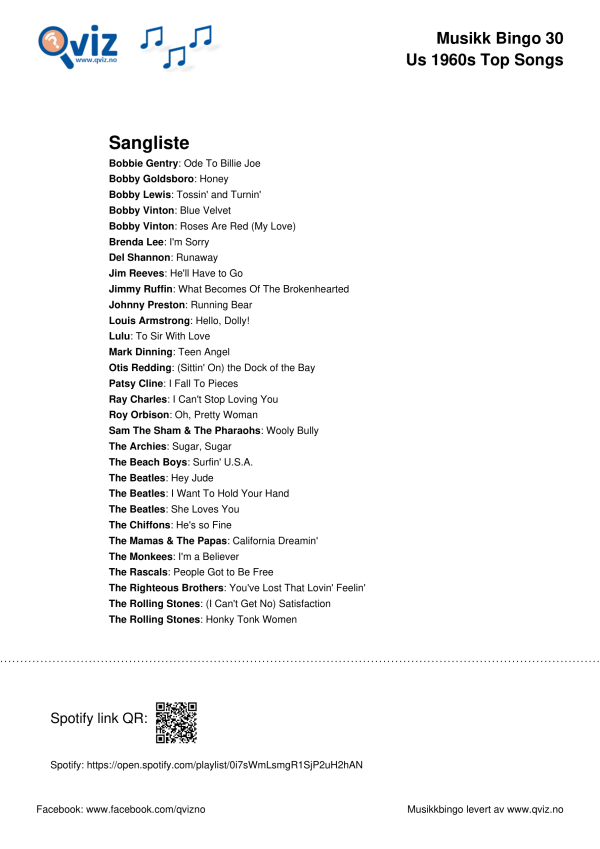 US 1960s Top Songs Musikk Bingo 30 sangliste