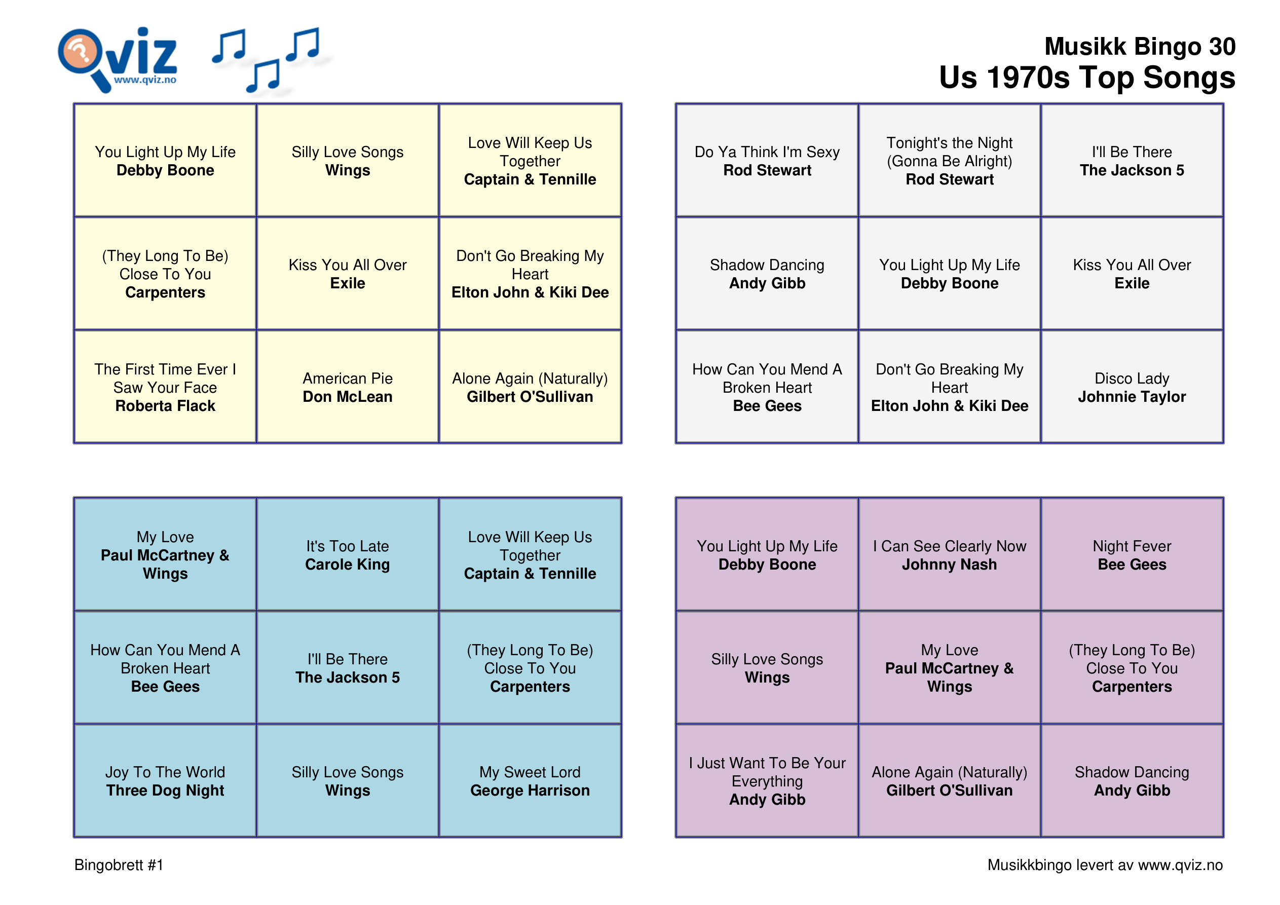 US 1970s Top Songs Musikk Bingo 30 Qviz