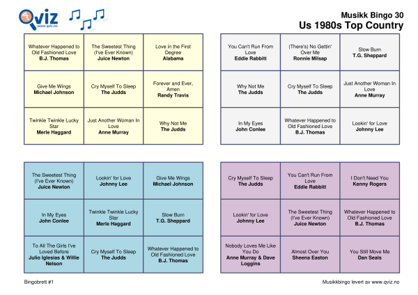 US 1980s Top Country Musikk Bingo 30 bingobrett