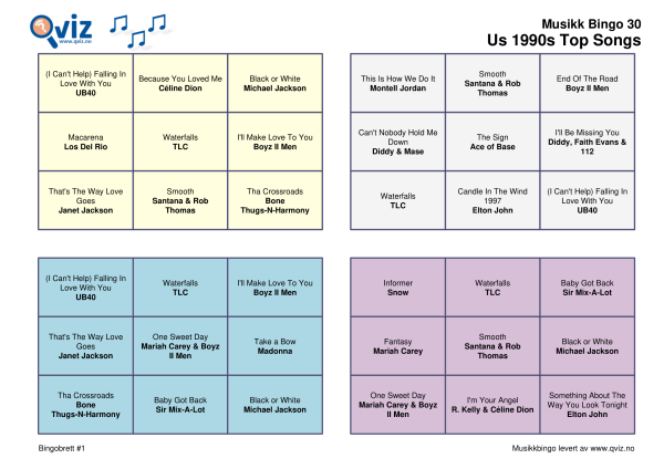 US 1990s Top Songs Musikk Bingo 30 bingobrett