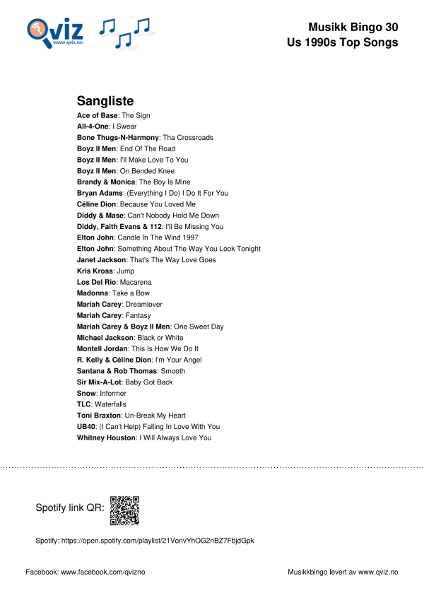 US 1990s Top Songs Musikk Bingo 30 sangliste