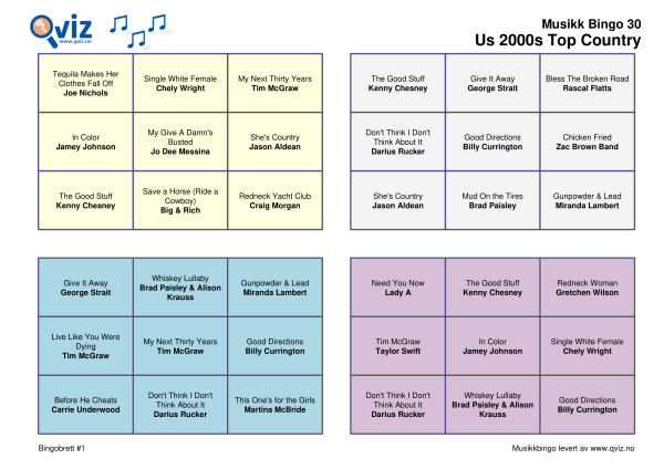 US 2000s Top Country Musikk Bingo 30 bingobrett
