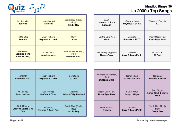 US 2000s Top Songs Musikk Bingo 30 bingobrett