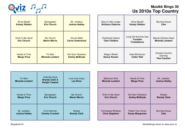 US 2010s Top Country Musikk Bingo 30 bingobrett