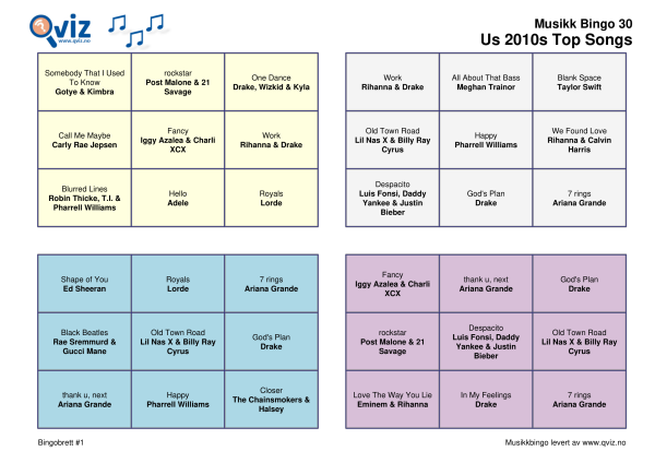 US 2010s Top Songs Musikk Bingo 30 bingobrett