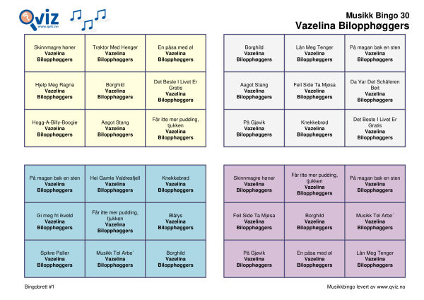 Vazelina Bilopphøggers Musikk Bingo 30 bingobrett