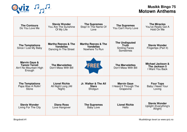 Motown Anthems Musikk Bingo 75 bingobrett