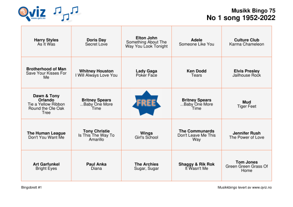 No 1 Song 1952-2022 Musikk Bingo 75 bingobrett