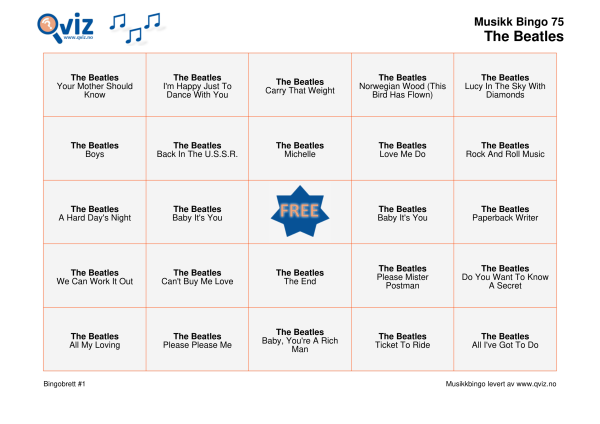 The Beatles Musikk Bingo 75 bingobrett