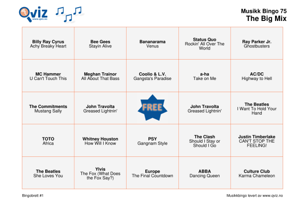 The Big Mix Musikk Bingo 75 bingobrett