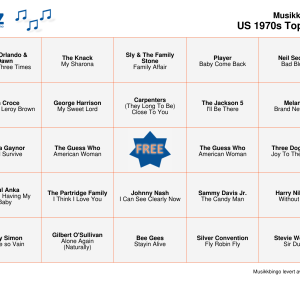 US 1970s Top Songs Musikk Bingo 75 bingobrett
