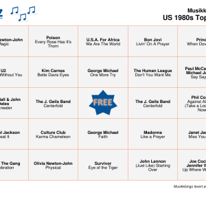 US 1980s Top Songs Musikk Bingo 75 bingobrett