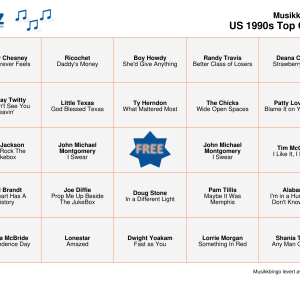 US 1990s Top Country Musikk Bingo 75 bingobrett
