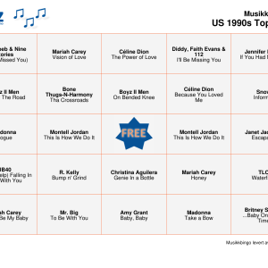 US 1990s Top Songs Musikk Bingo 75 bingobrett