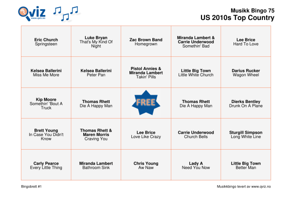 US 2010s Top Country Musikk Bingo 75 bingobrett