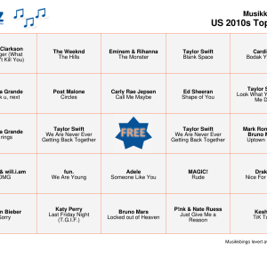 US 2010s Top Songs Musikk Bingo 75 bingobrett