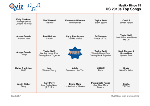 US 2010s Top Songs Musikk Bingo 75 bingobrett