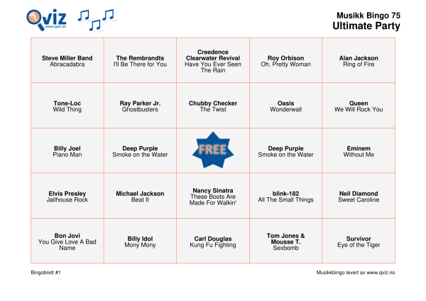 Ultimate Party Musikk Bingo 75 bingobrett