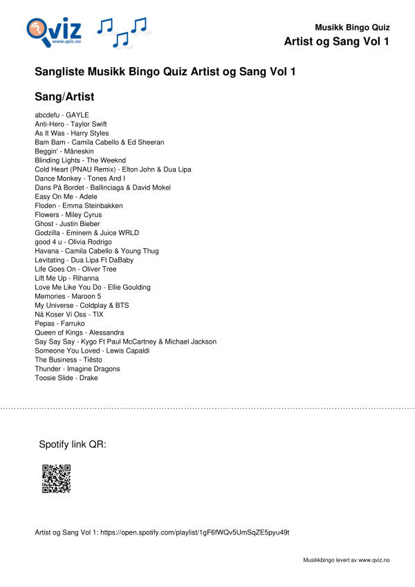 Artist og Sang Vol 1 Musikk Bingo Quiz 30 sangliste