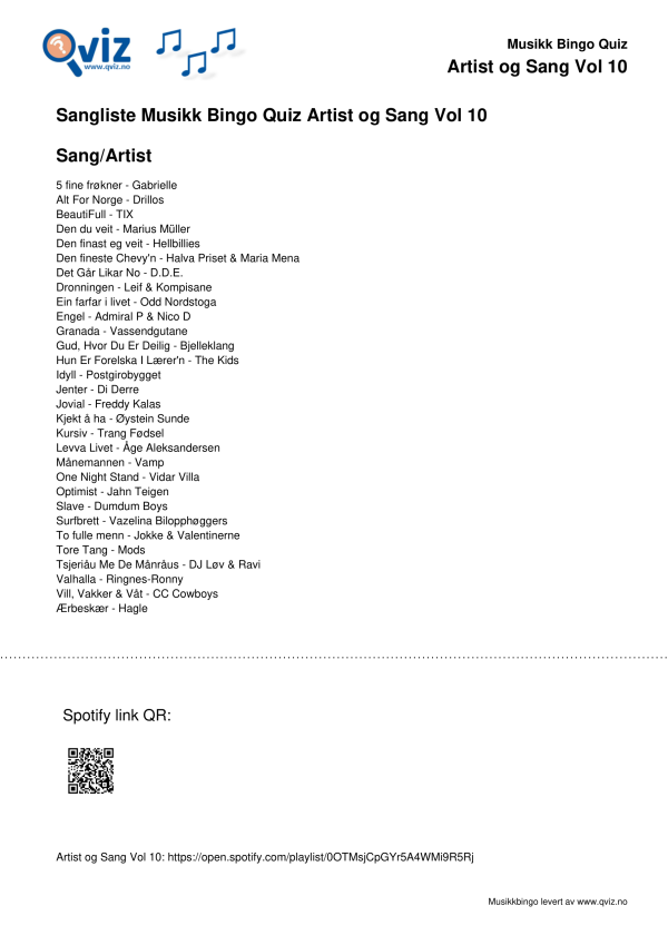 Artist og Sang Vol 10 Musikk Bingo Quiz 30 sangliste