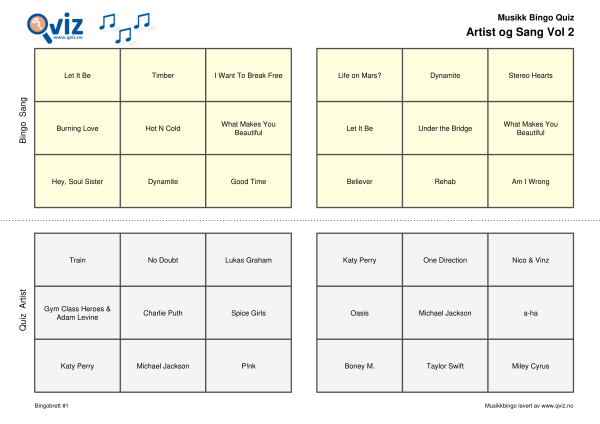 Artist og Sang Vol 2 Musikk Bingo Quiz 30 bingobrett