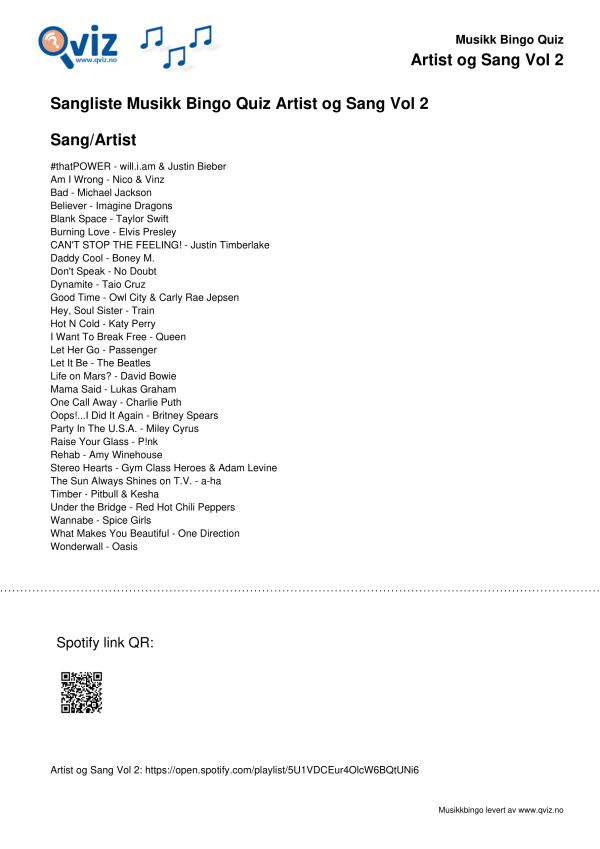 Artist og Sang Vol 2 Musikk Bingo Quiz 30 sangliste