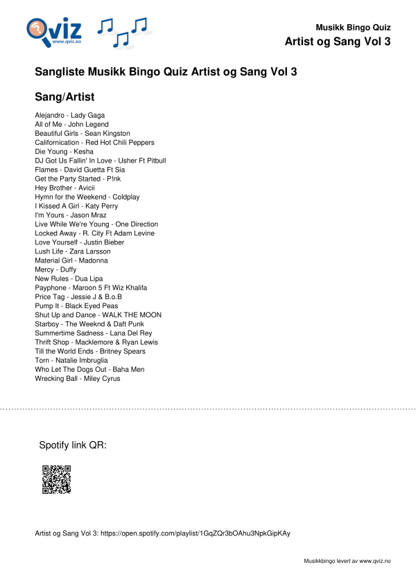 Artist og Sang Vol 3 Musikk Bingo Quiz 30 sangliste