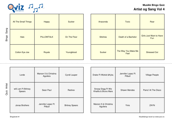 Artist og Sang Vol 4 Musikk Bingo Quiz 30 bingobrett