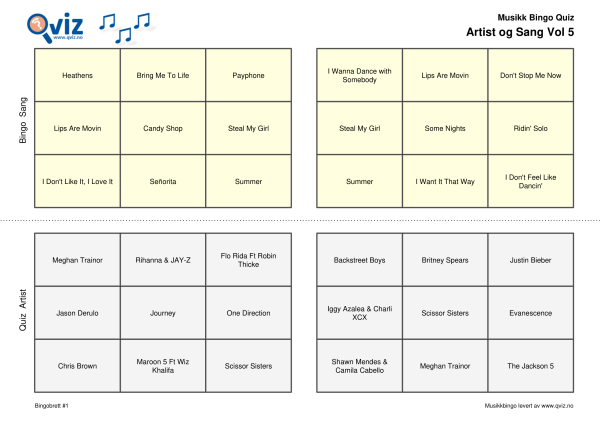 Artist og Sang Vol 5 Musikk Bingo Quiz 30 bingobrett
