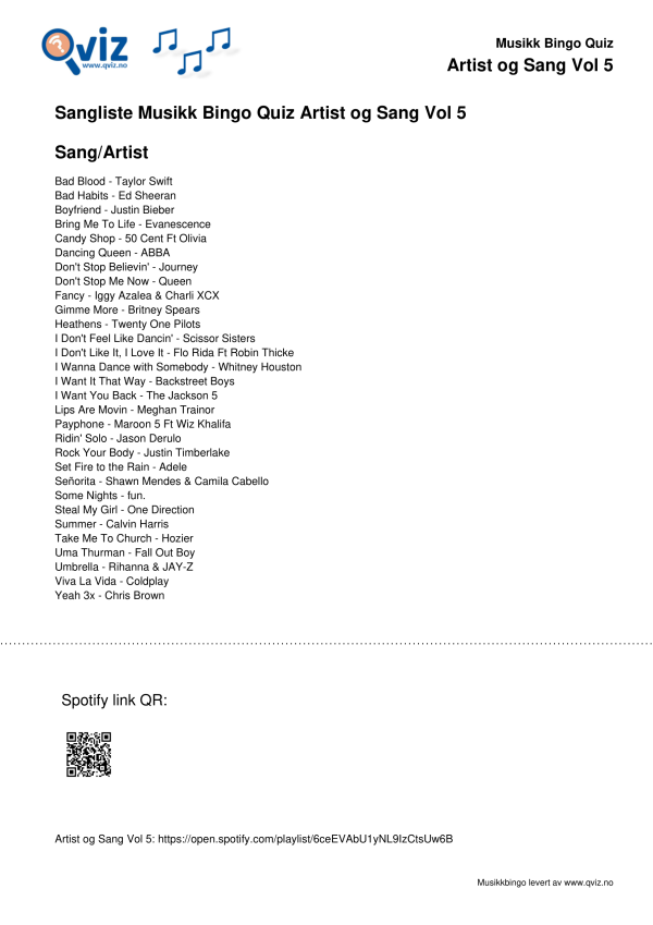 Artist og Sang Vol 5 Musikk Bingo Quiz 30 sangliste