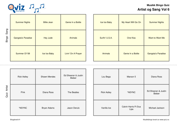Artist og Sang Vol 6 Musikk Bingo Quiz 30 bingobrett