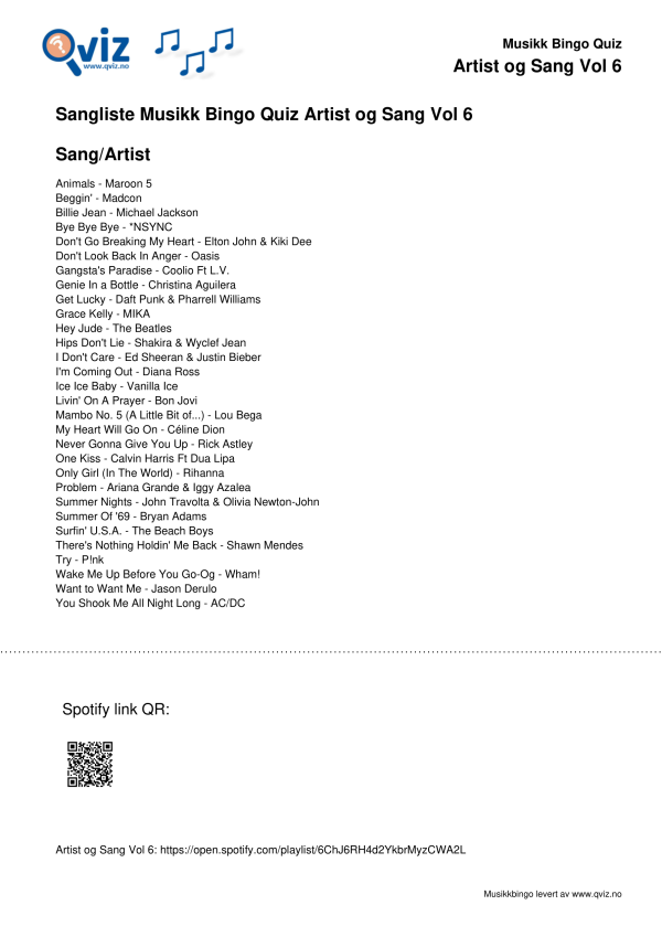 Artist og Sang Vol 6 Musikk Bingo Quiz 30 sangliste