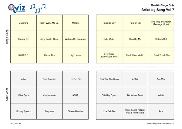 Artist og Sang Vol 7 Musikk Bingo Quiz 30 bingobrett