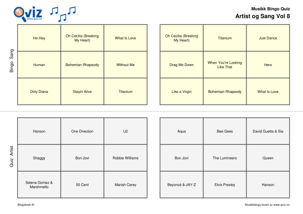 Artist og Sang Vol 8 Musikk Bingo Quiz 30 bingobrett
