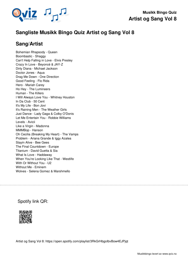 Artist og Sang Vol 8 Musikk Bingo Quiz 30 sangliste